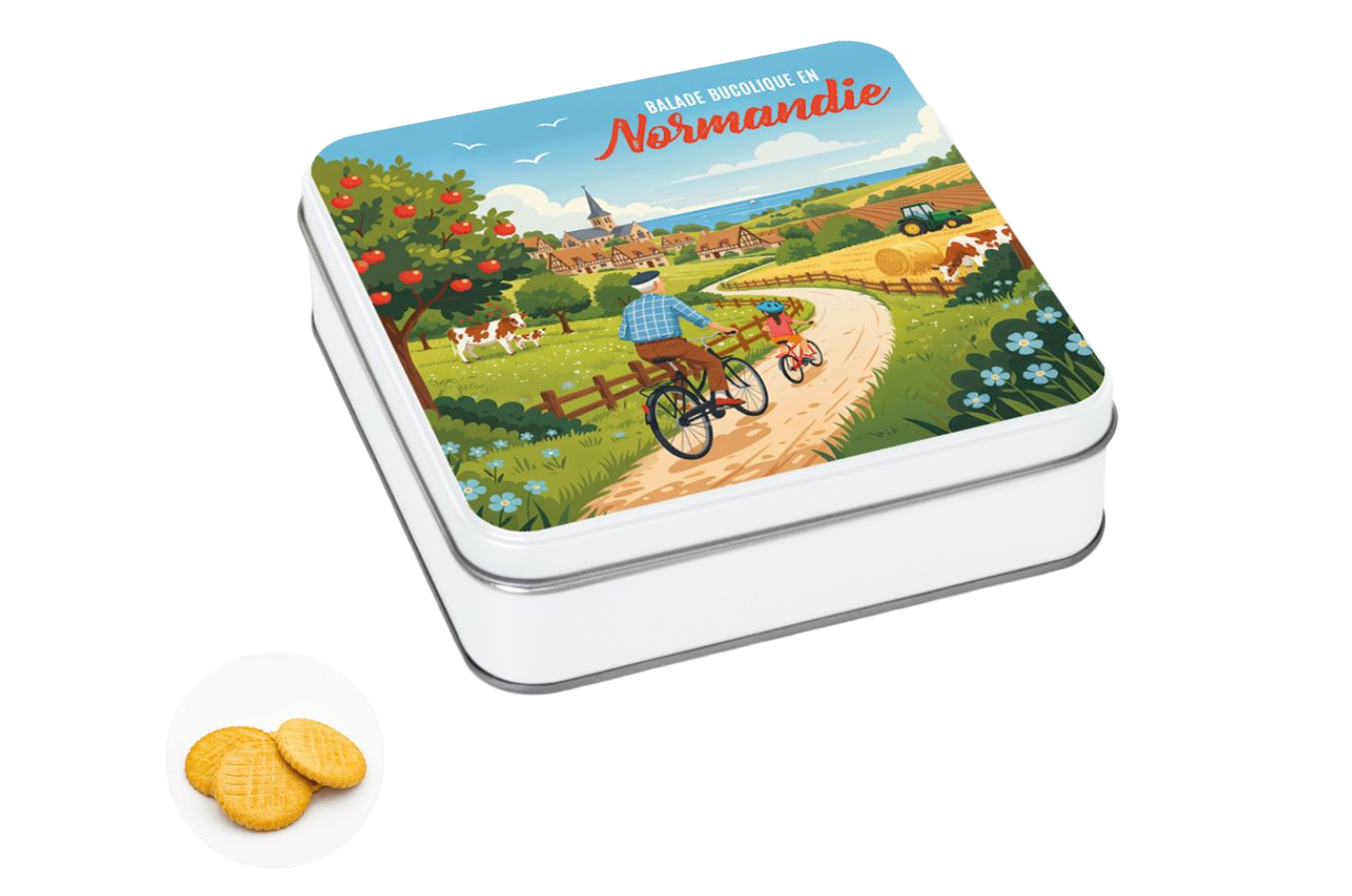 Boîte carrée impression polaroid Normandie et sa carte postale sablés normands 150g