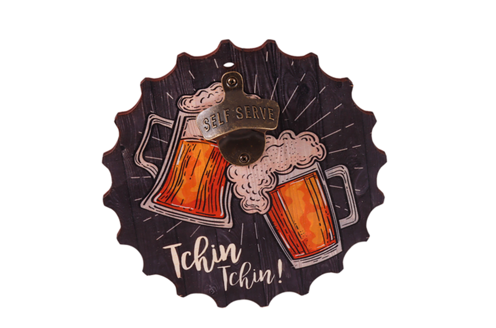 Décapsuleur mural Billy bois décoré diam 22cm - Tchin Tchin!